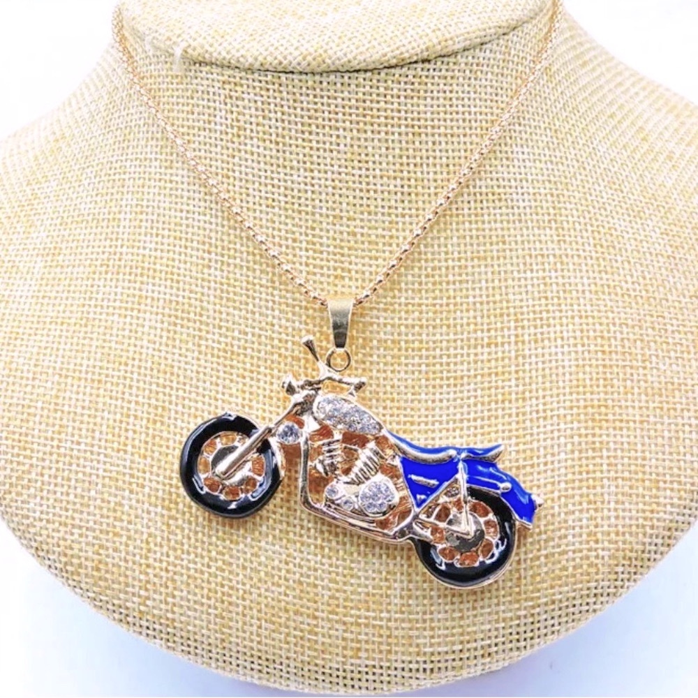 Motorcycle Blue & Gold Crystal & Enamel Necklace Brooch Pin Combo